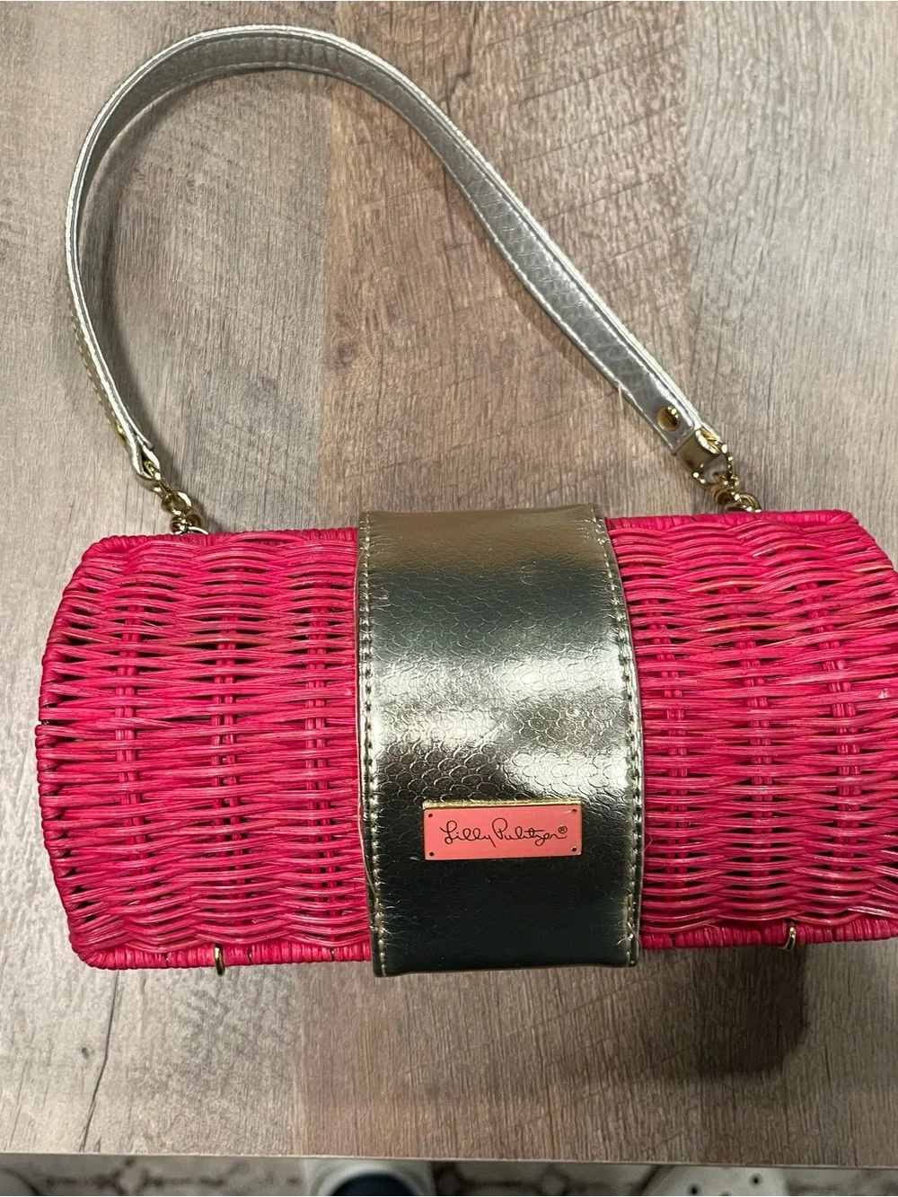 Lilly Pulitzer Pink Wicker Clutch with Gold Accents - Picture 2 of 8